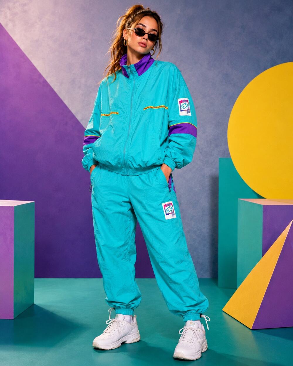 Vintage 90s Salem Fresh Gear Teal Purple Nylon Tracksuit Set Retro